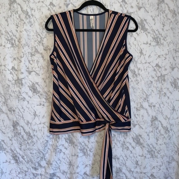 PerSeption Concept Sleeveless Faux Wrap Top Navy Red Tan Ladies Size Medium - Picture 7 of 7